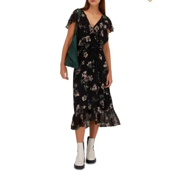 Paige Dress Palisades Faux Wrap Midi in Ruffle Black Floral - Picture 1 of 9